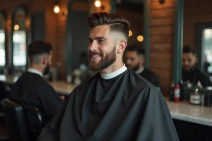 Jeune homme avec une coupe fade tapered assis dans un fauteuil de barbier moderne, reflété dans un miroir vintage