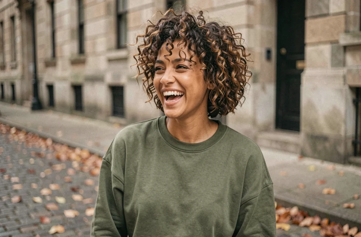 Jeune femme avec une coupe shaggy bouclée courte dans une rue pavée en automne