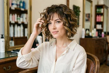 Femme aux cheveux bouclés courts avec une coupe shaggy en salon de coiffure parisien