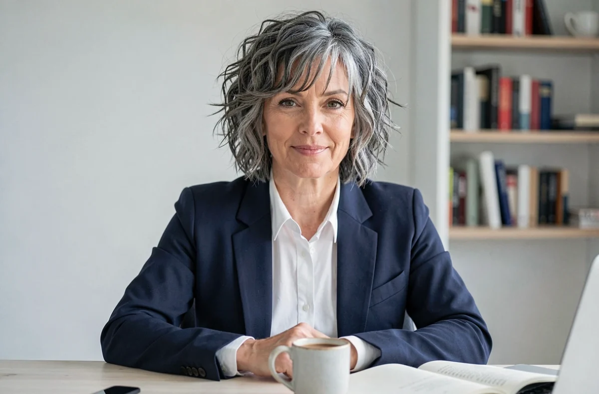 Femme mature avec une coupe shaggy courte aux cheveux bouclés grisonnants dans un bureau à domicile