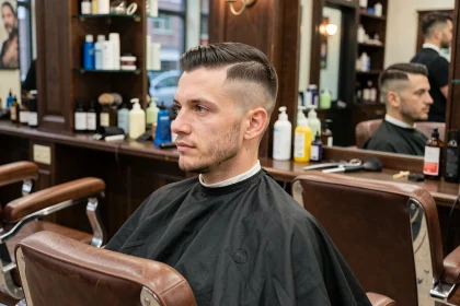 Homme aux cheveux coupés en taper fade propre assis dans un fauteuil de barbier classique, reflet visible dans le miroir du salon