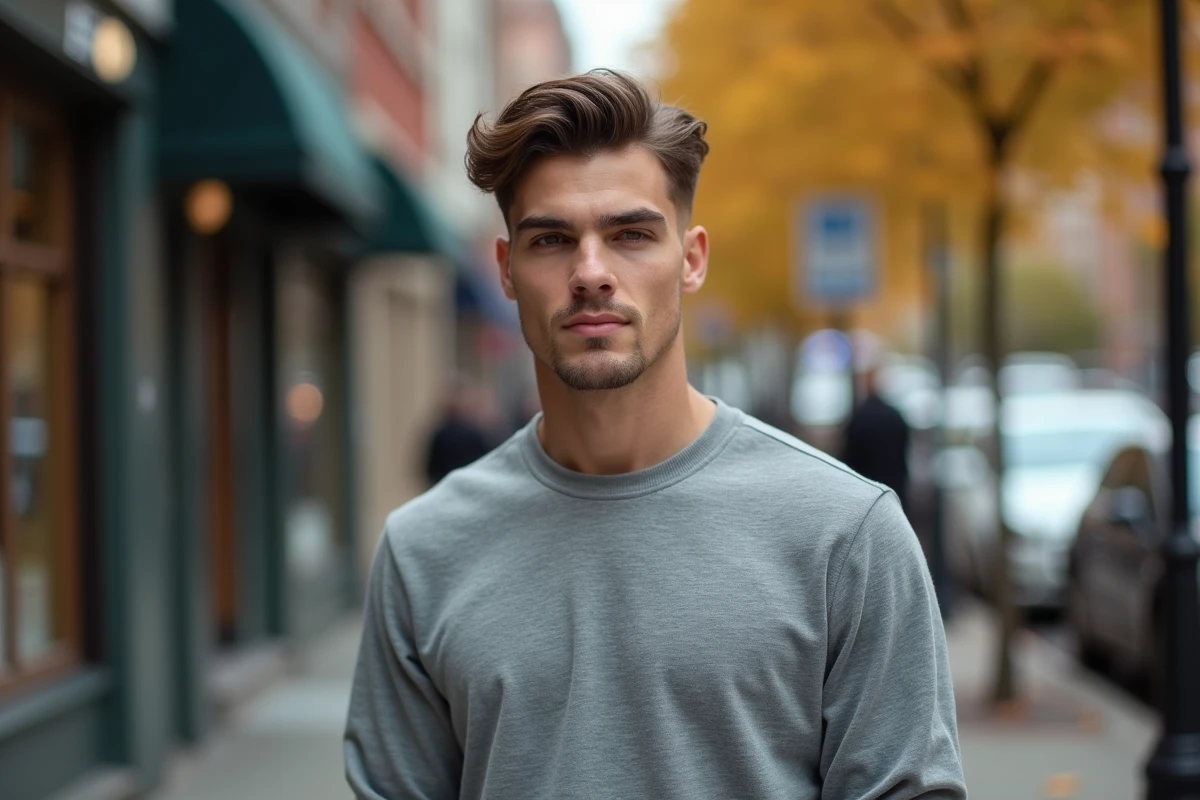 Jeune homme en extérieur avec une coupe taper et des cheveux mi-longs ondulés sans produit coiffant