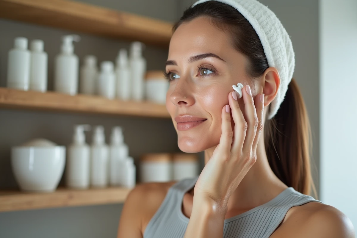 Femme d'âge moyen appliquant une crème hydratante visage sur sa joue dans une salle de bain lumineuse