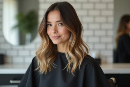 Femme aux cheveux mi-longs avec un dégradé et un balayage naturel dans un salon de coiffure moderne