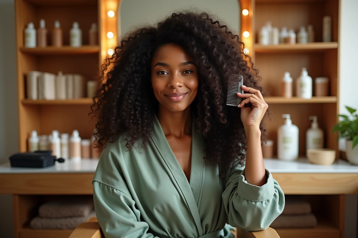 Femme afro aux cheveux bouclés longs se démêlant les boucles devant un miroir de coiffeuse à domicile
