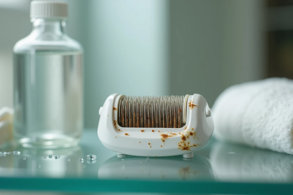 Gros plan d'un dermaroller sale aux aiguilles abîmées posé sur une étagère de salle de bain, illustrant les erreurs d'hygiène courantes