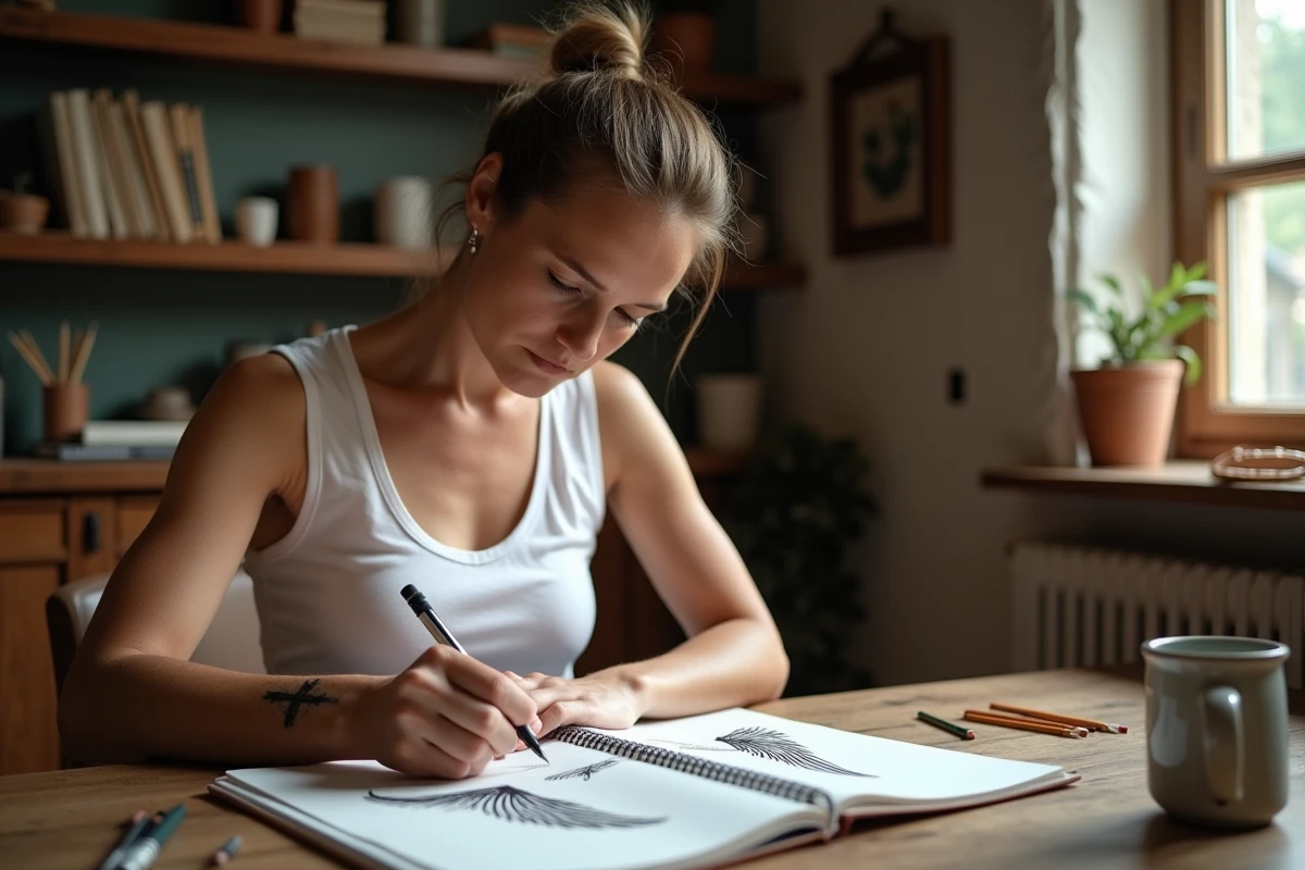 Femme consultant des dessins de tatouage ailes d'anges et croix dans un intérieur chaleureux, avec un tatouage visible sur l'épaule