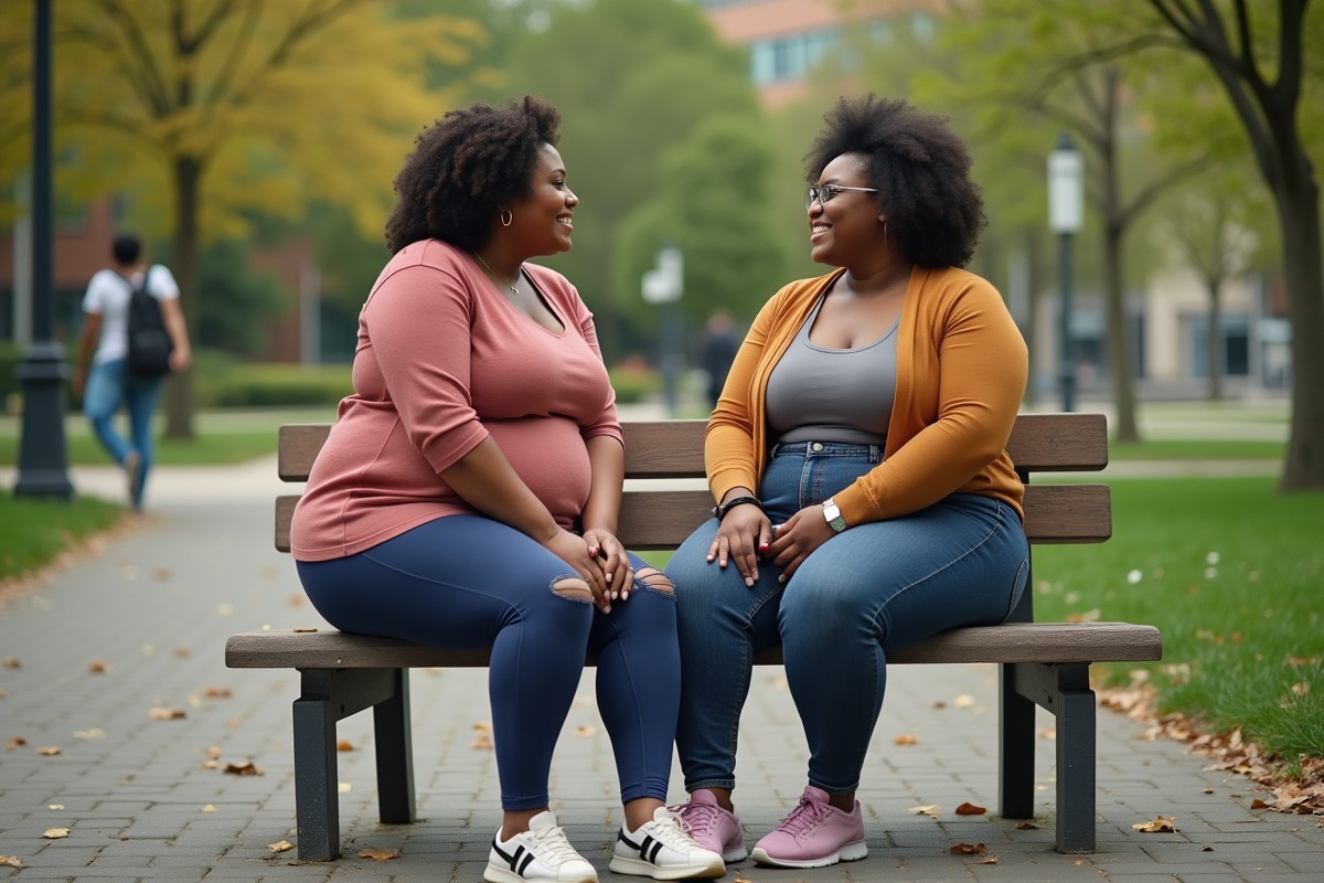 Deux femmes en leggings dans un parc urbain en discussion