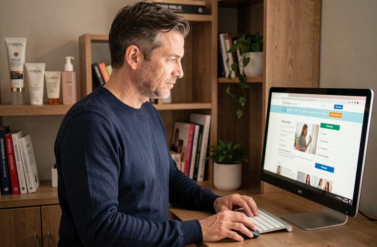 Employé L'Oréal consultant le nouveau site de vente au personnel depuis son bureau à domicile