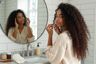 Femme aux cheveux longs bouclés appliquant une crème coiffante dans une salle de bain moderne pour entretenir ses boucles