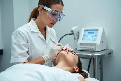 Technicienne laser réalisant une épilation laser du menton et du visage sur une cliente dans un centre esthétique médical professionnel