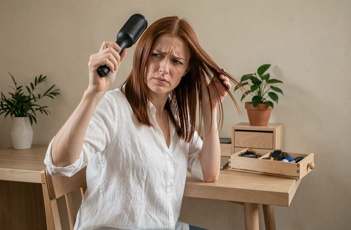 Femme assise à une coiffeuse utilisant mal une brosse soufflante, erreur de débutante