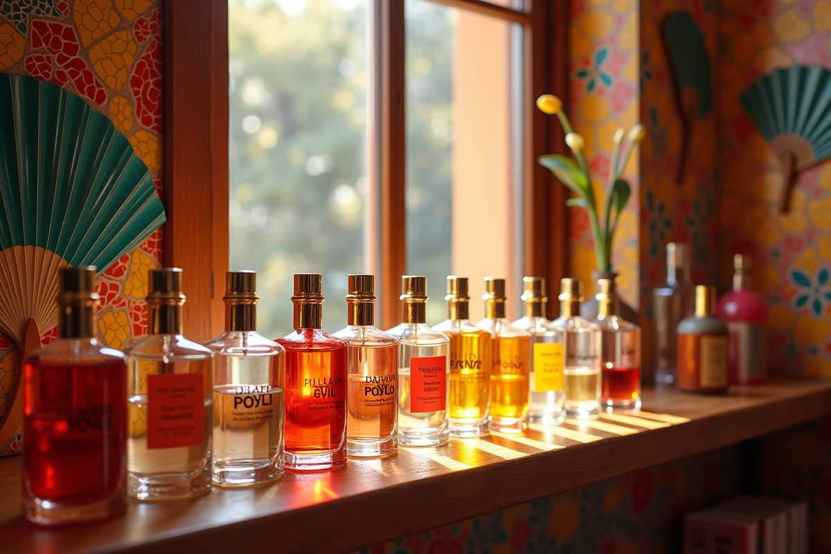 Étagère de parfums colorés dans une boutique espagnole ensoleillée