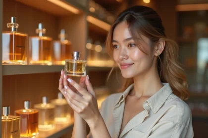 Femme expert parfumeur tenant un flacon de parfum en verre dans une boutique minimaliste aux étagères en bois