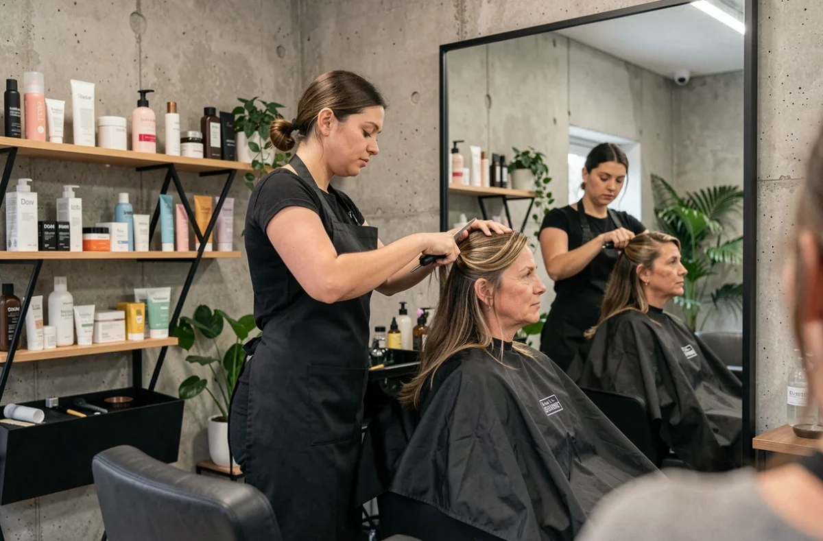 Styliste réalisant une coupe de cheveux au salon Extraversions à Anglet