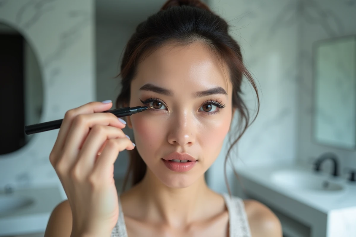 Femme traçant un eye-liner liquide précis en forme de cat-eye dans une salle de bain moderne minimaliste