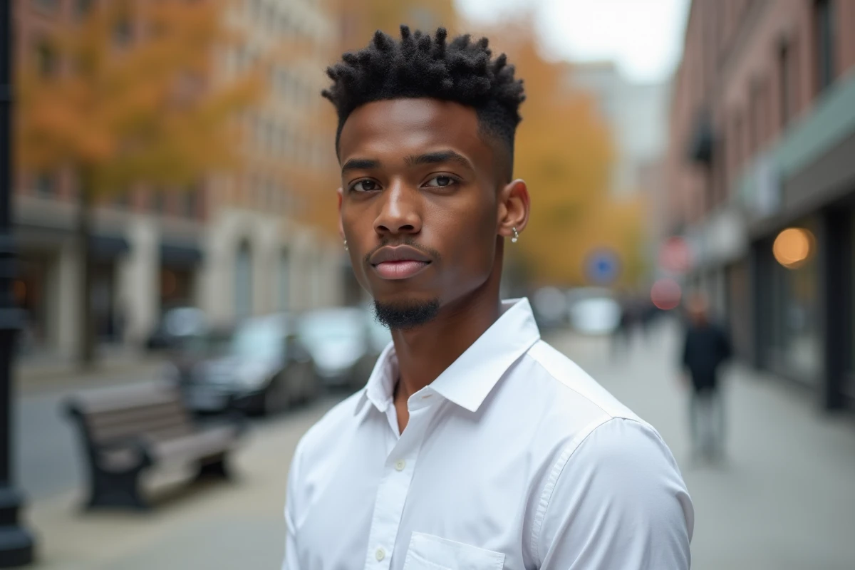 Jeune homme en extérieur urbain avec un fade taper bas sur cheveux bouclés naturels coiffés au pomade