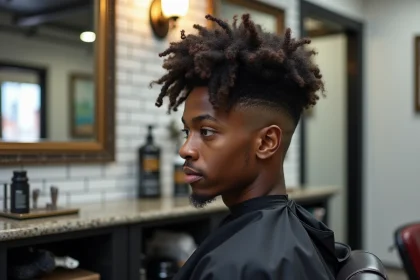 Jeune homme afro avec une coupe fade taper sur cheveux bouclés dans un salon de coiffure moderne