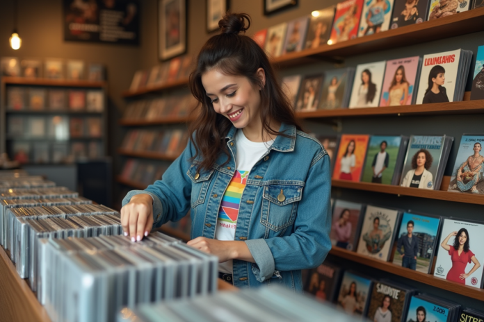 femme-annees-90-ecoute-disques Femme des années 90 choisissant un CD dans une boutique