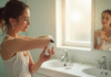 Jeune femme appliquant deodorant sous le bras dans une salle de bain lumineuse