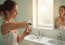 Jeune femme appliquant deodorant sous le bras dans une salle de bain lumineuse