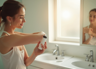 Anti-transpiration : Solutions efficaces pour éliminer les mauvaises odeurs des aisselles Jeune femme appliquant deodorant sous le bras dans une salle de bain lumineuse