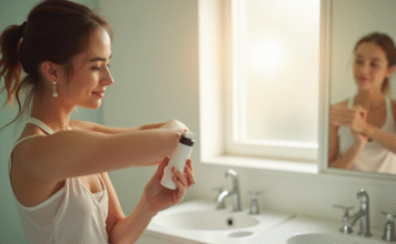 Anti-transpiration : Solutions efficaces pour éliminer les mauvaises odeurs des aisselles Jeune femme appliquant deodorant sous le bras dans une salle de bain lumineuse