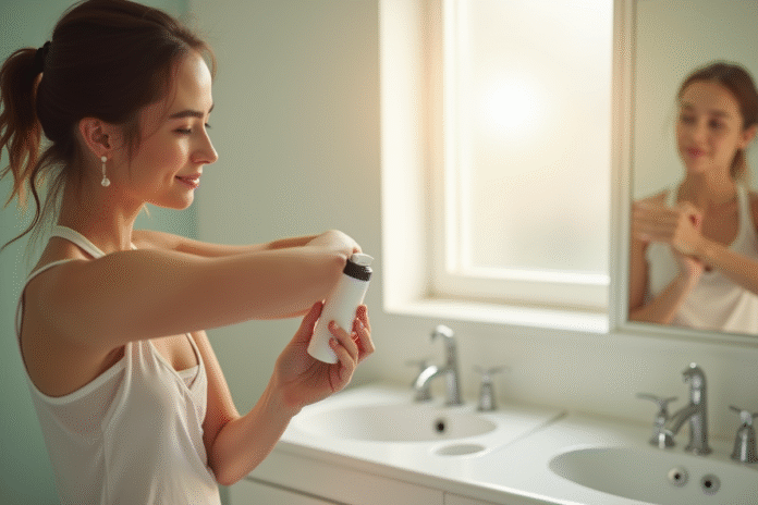 Jeune femme appliquant deodorant sous le bras dans une salle de bain lumineuse