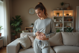 Femme en athleisure se relaxant chez elle pour la reflexion