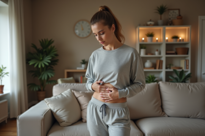 Femme en athleisure se relaxant chez elle pour la reflexion