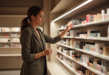 JLO Beauty : Retrait de Sephora, raisons et impact sur l’industrie de la beauté Femme élégante dans une boutique de beauté vide