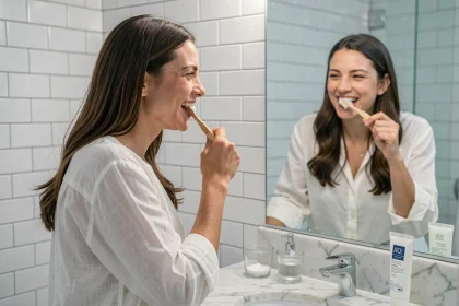 Jeune femme se brossant les dents avec un dentifrice blanchissant dans une salle de bain moderne et épurée