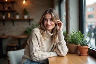 Femme élégante au café avec pull beige et jeans clair