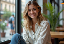 Les tendances 2025 en coupe de cheveux mi-longs, ondulés et dégradés Femme souriante dans un café moderne avec vue urbaine