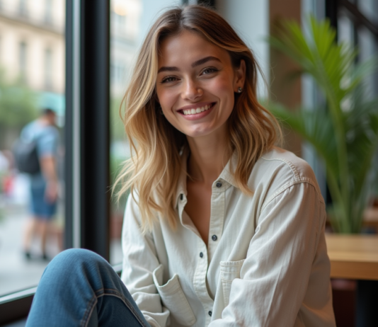 Les tendances 2025 en coupe de cheveux mi-longs, ondulés et dégradés Femme souriante dans un café moderne avec vue urbaine