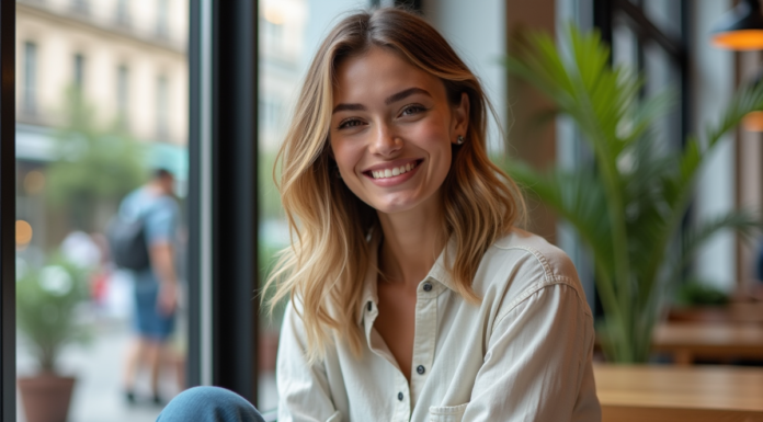 Les tendances 2025 en coupe de cheveux mi-longs, ondulés et dégradés Femme souriante dans un café moderne avec vue urbaine