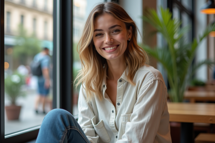 femme-cafe-urbain Femme souriante dans un café moderne avec vue urbaine