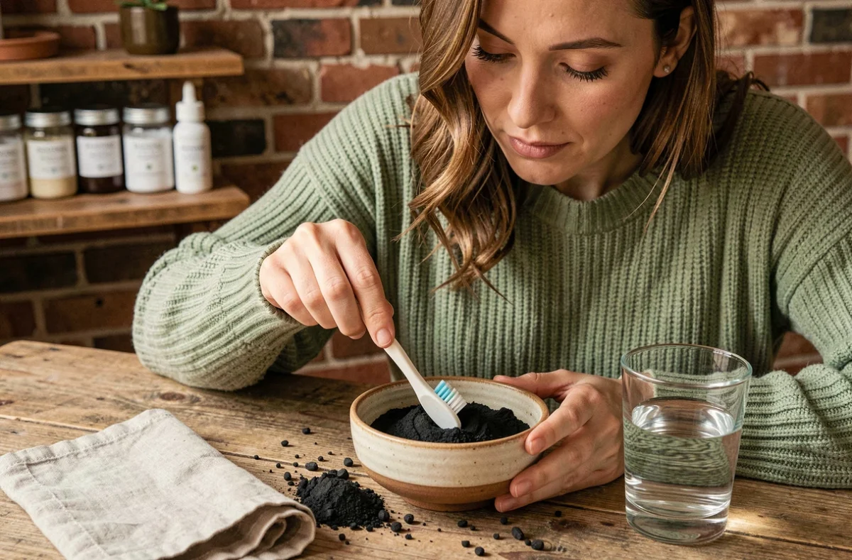 Femme utilisant du charbon actif pour blanchir les dents naturellement sans abîmer l'émail à la maison
