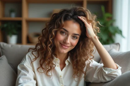 Femme aux cheveux bouclés assise sur un canapé cosy
