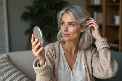 Femme aux cheveux salt and pepper examine ses racines