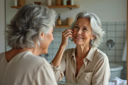 Femme mature inspectant ses cheveux dans un miroir