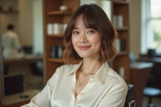 Femme avec coupe bob dans un salon moderne