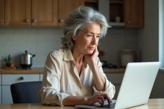 Femme concentrée lisant un ordinateur dans la cuisine