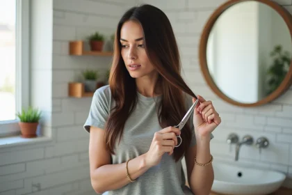 Femme se coupant les pointes des cheveux longs seule dans sa salle de bain avec des ciseaux professionnels