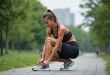 Perdre 3 kilos rapidement : astuces et conseils efficaces pour maigrir facilement! Femme en tenue de sport attachant ses chaussures dans un parc urbain