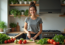 Femme souriante coupant des légumes frais en cuisine moderne