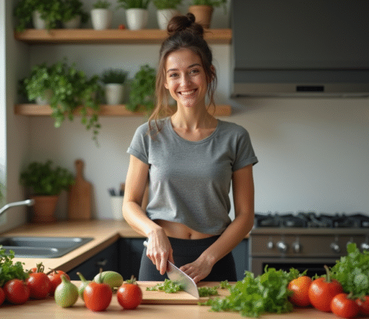 Femme souriante coupant des légumes frais en cuisine moderne