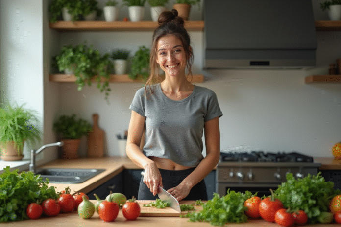 Femme souriante coupant des légumes frais en cuisine moderne