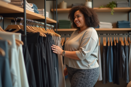 Femme confiante en boutique examinant des leggings tendance