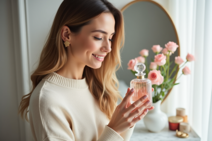 Femme élégante tenant un flacon de parfum près du cou